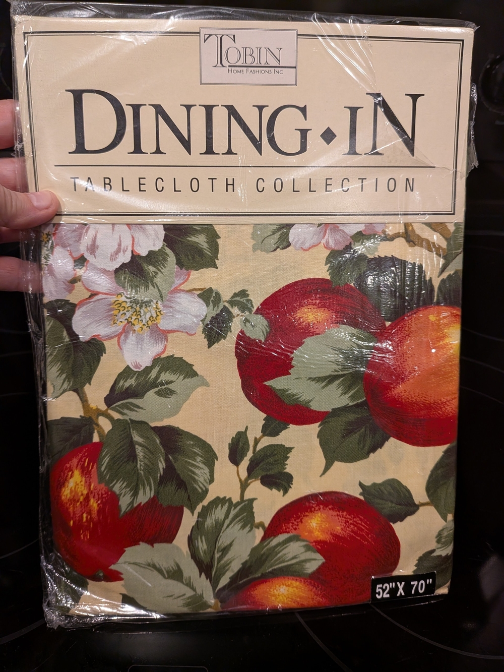 New Old Stock Apple Blossoms Cream Tablecloth with Red Apple & Green Leaf Print